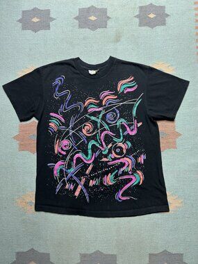 Vintage 90s graphic t shirt abstract art neon colors single stitch black large